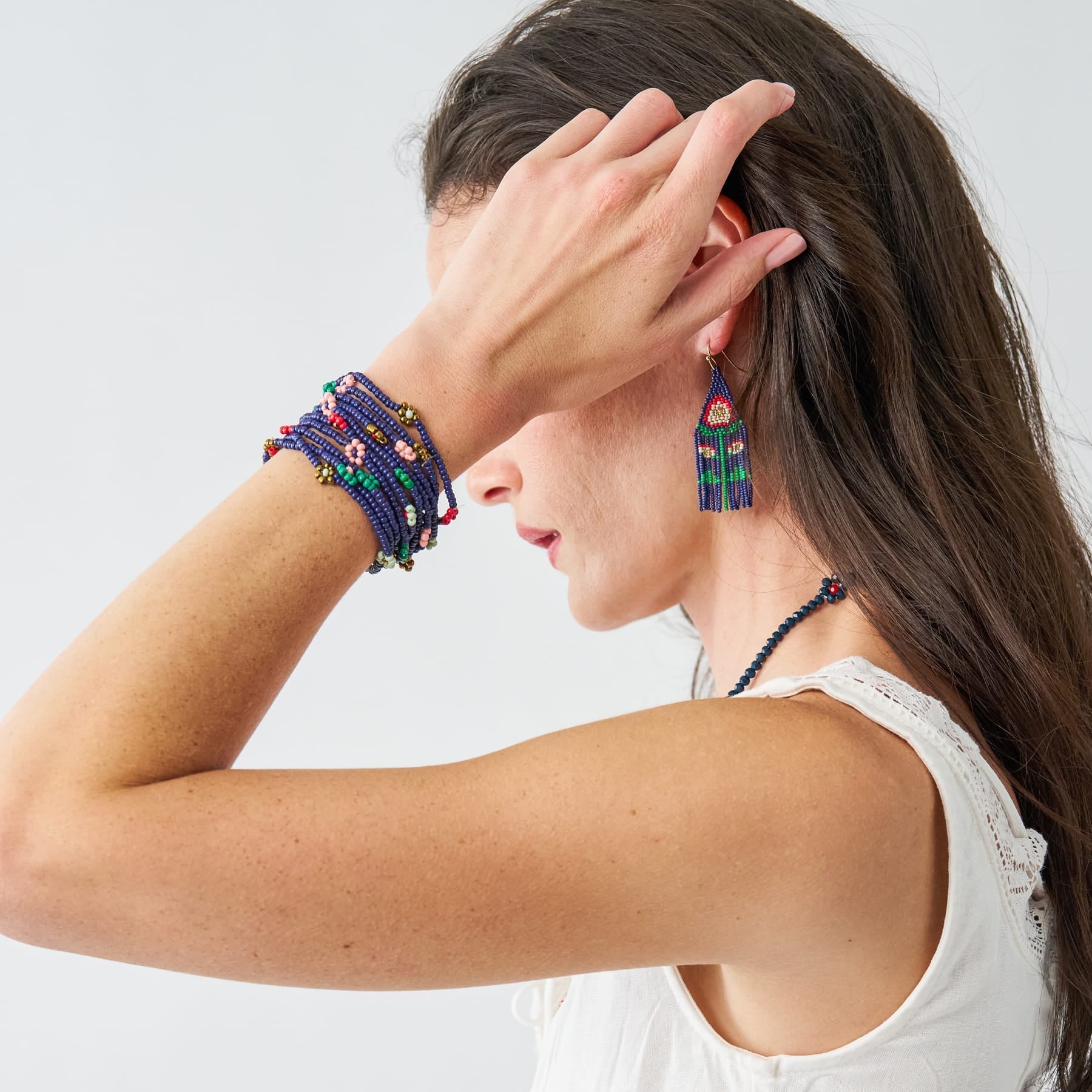 Sage Flower Beaded Stretch Bracelet Set - Navy