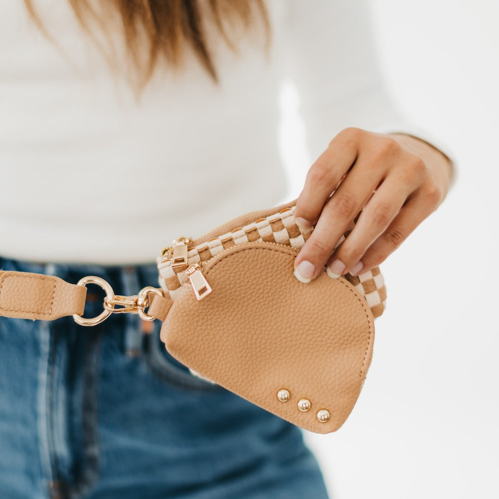 Wonderlust Woven Dual Pouch Wristlet - Tan Checkered