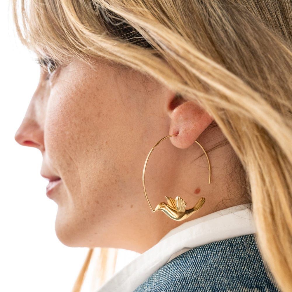 Wren Bird Brass Hoop Earrings
