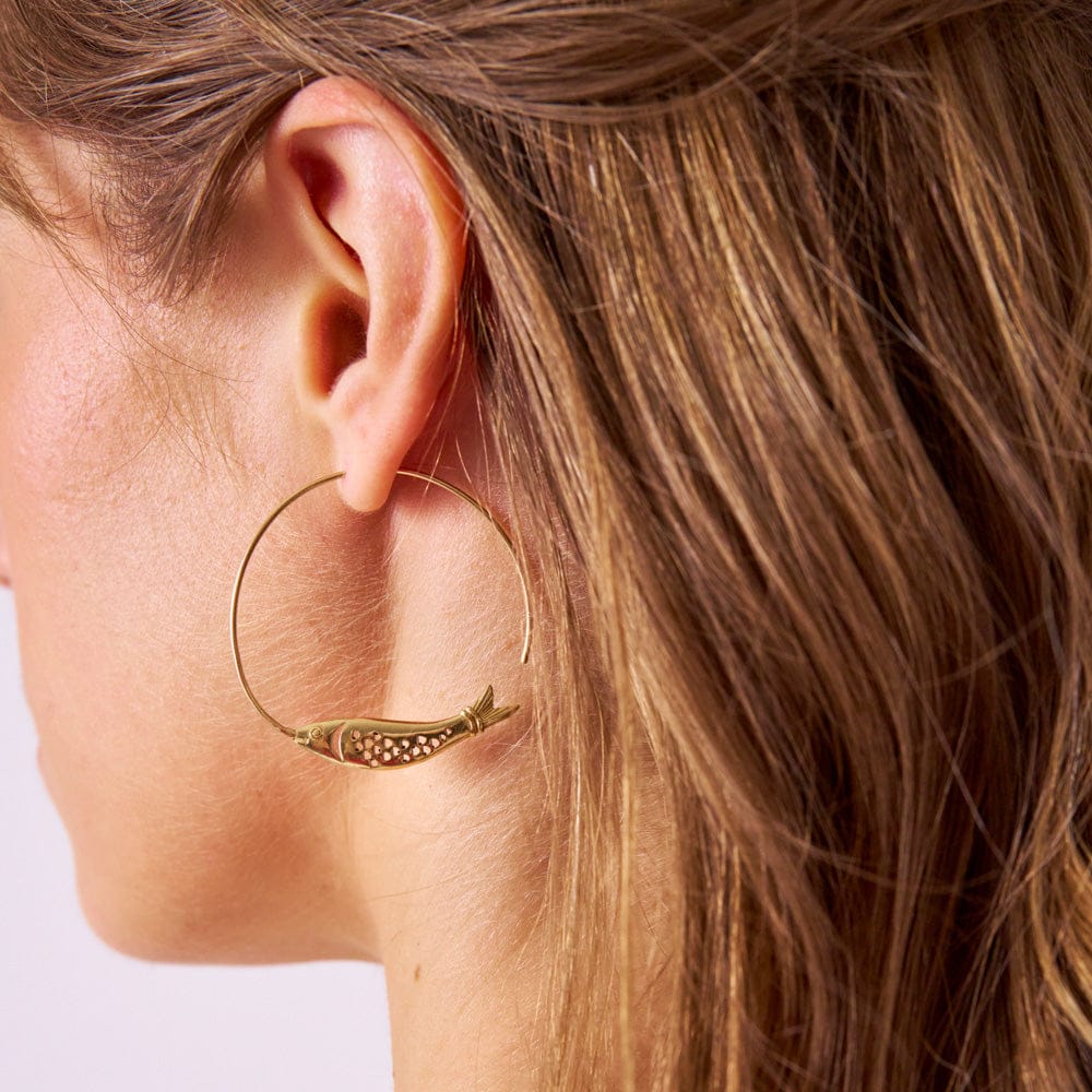 Wren Fish Brass Hoop Earrings