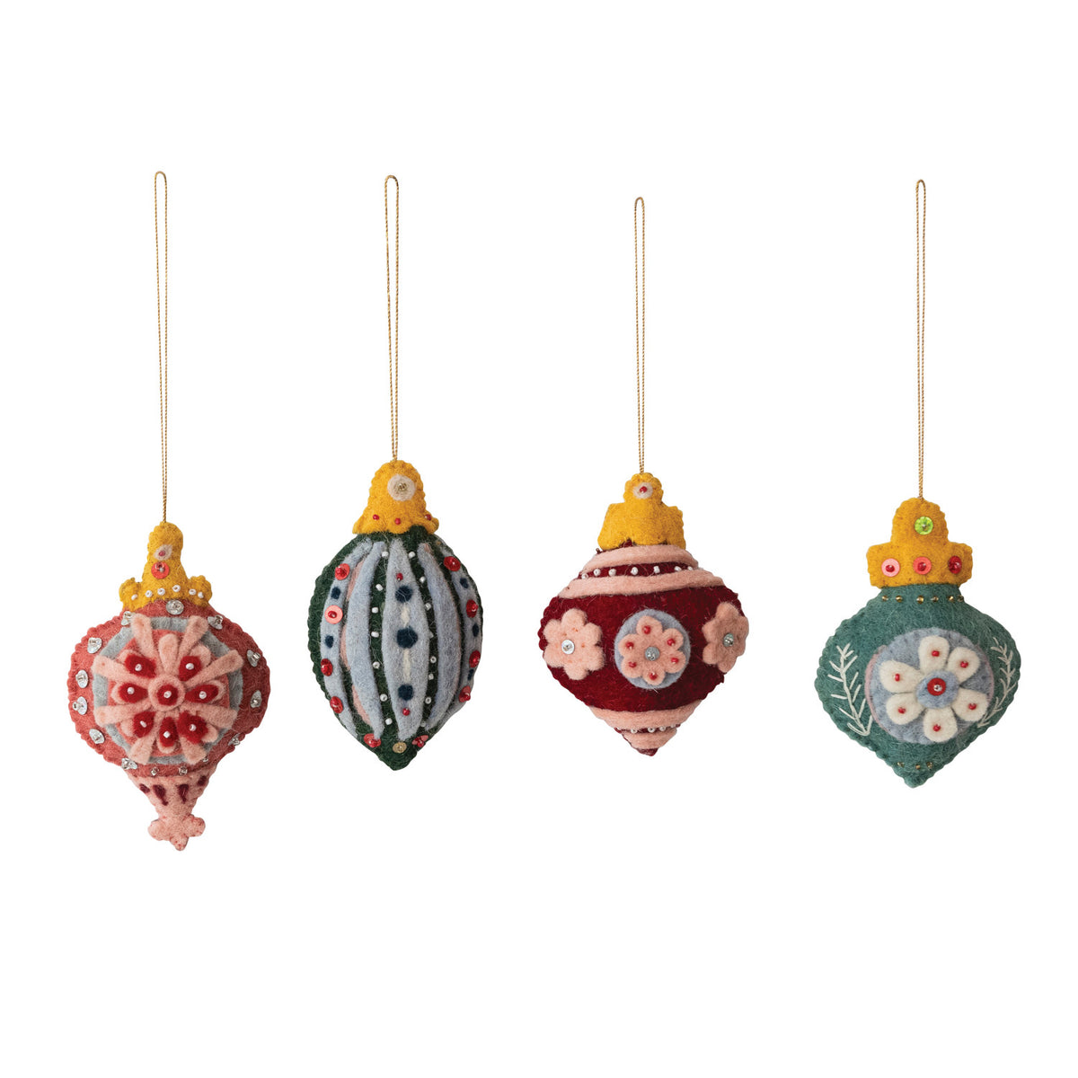 Felt embroidery finial ornament set of four with hanging loops and stitched designs