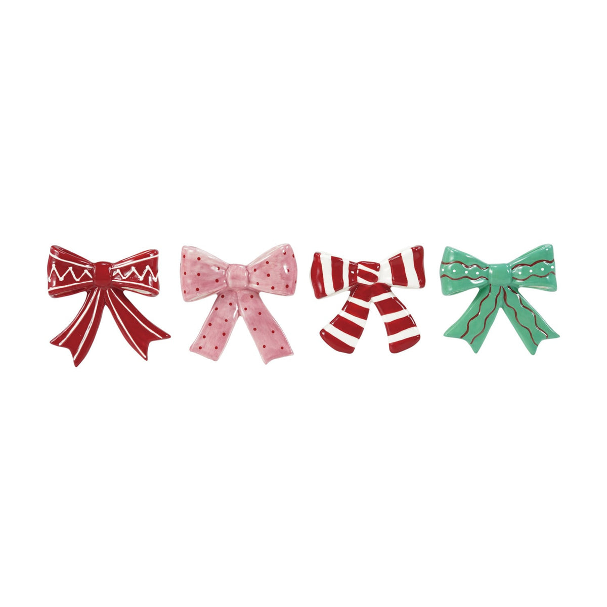 Assorted holiday bow magnets: red striped, red bow, pink polka dot, and green bow.