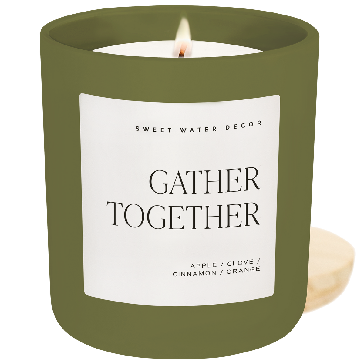 Olive green soy candle jar with centered white label and unlit wick