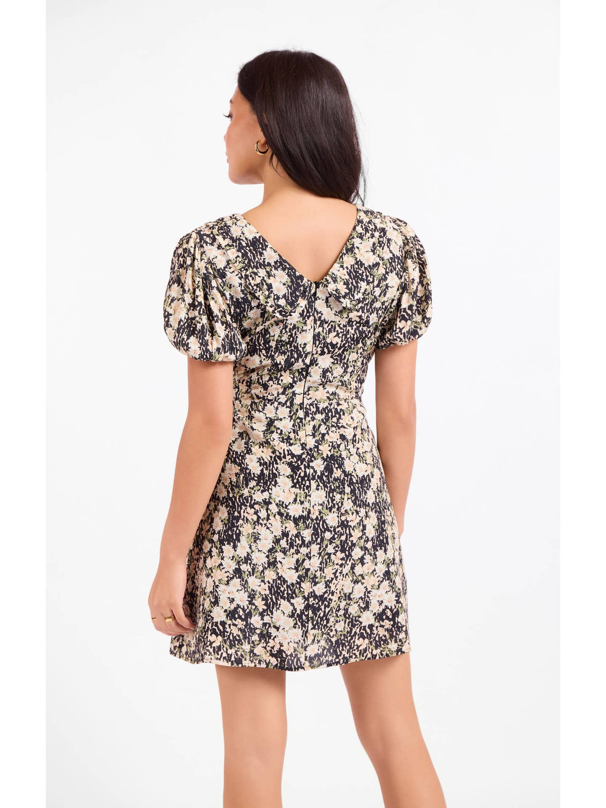 Floral tie-neck mini dress with short sleeves, back view showing gathered waist