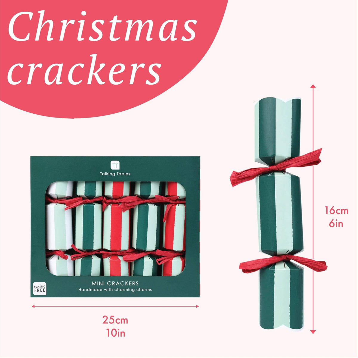 Mini Christmas crackers set showing green and red striped rolls with red ribbon