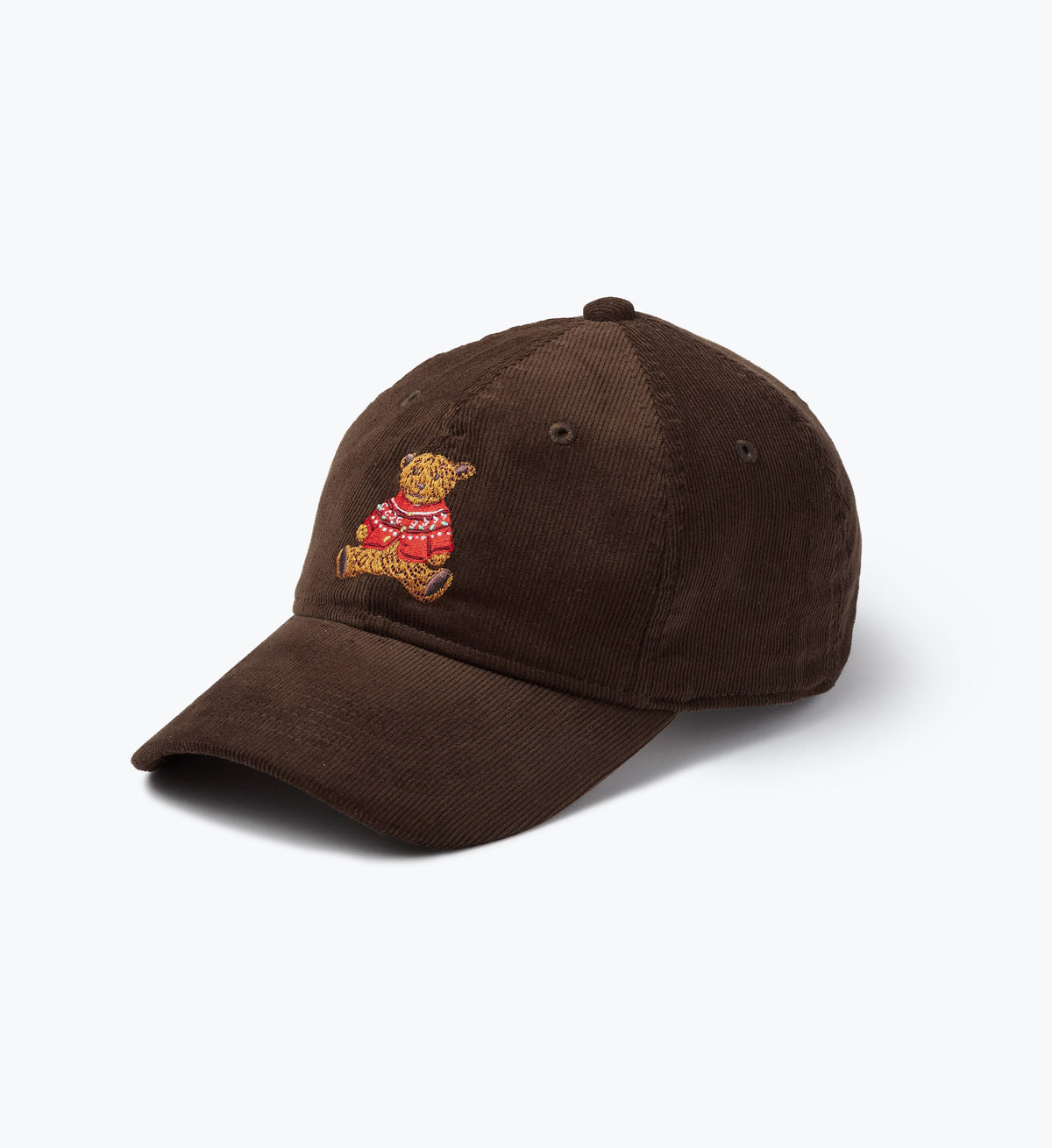 Brown baseball cap with embroidered holiday bear graphic on front