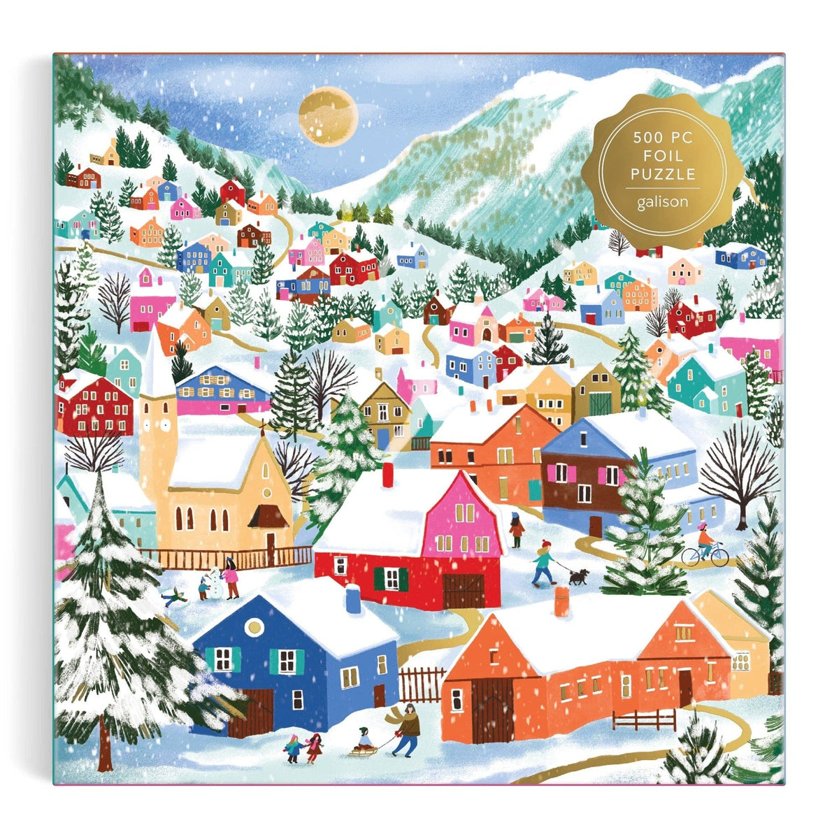 Winter alpine village puzzle lid artwork featuring houses, trees, and snowy landscape