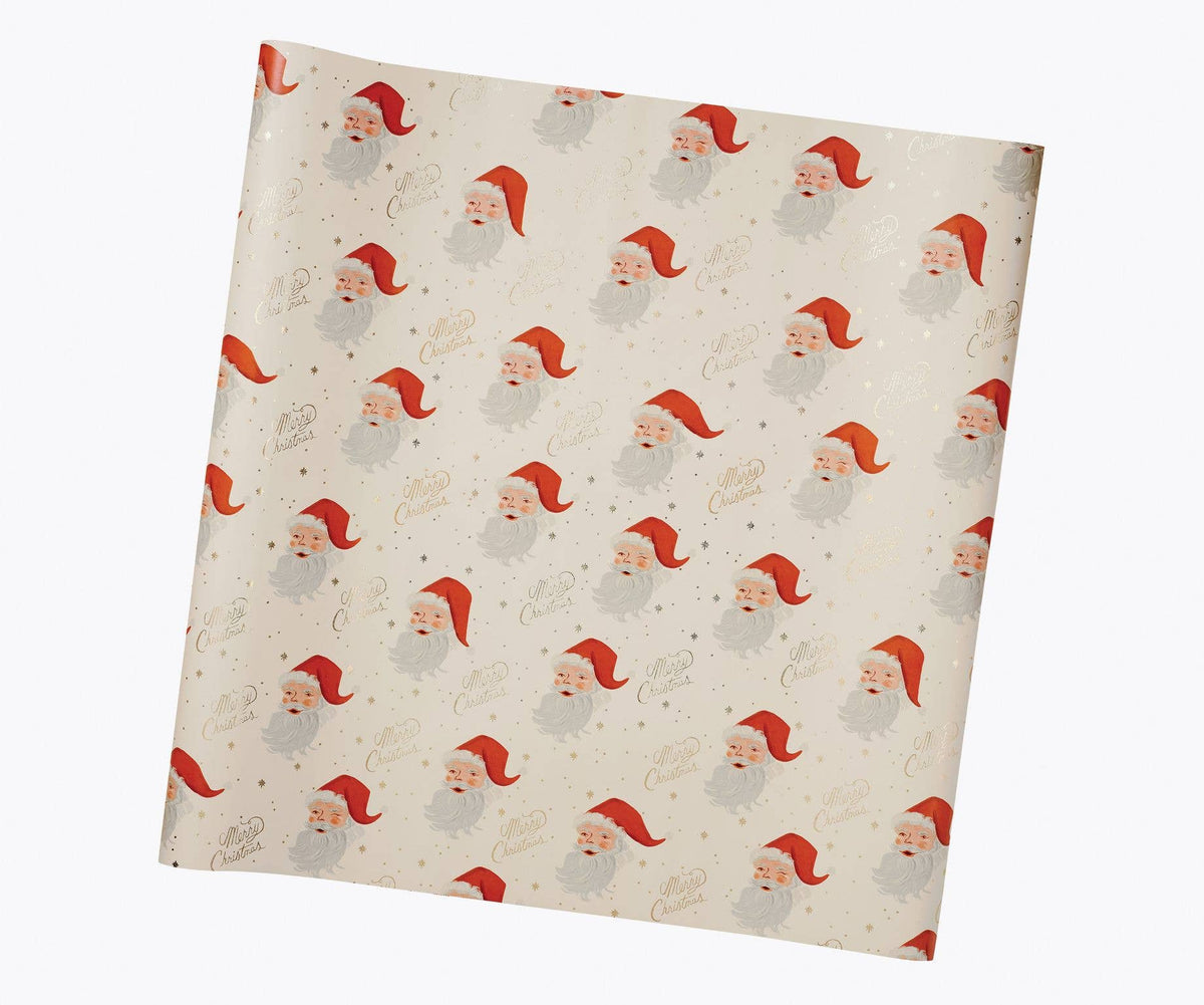 Santa gift wrap paper sheet with repeating Santa face and hat pattern in red and white