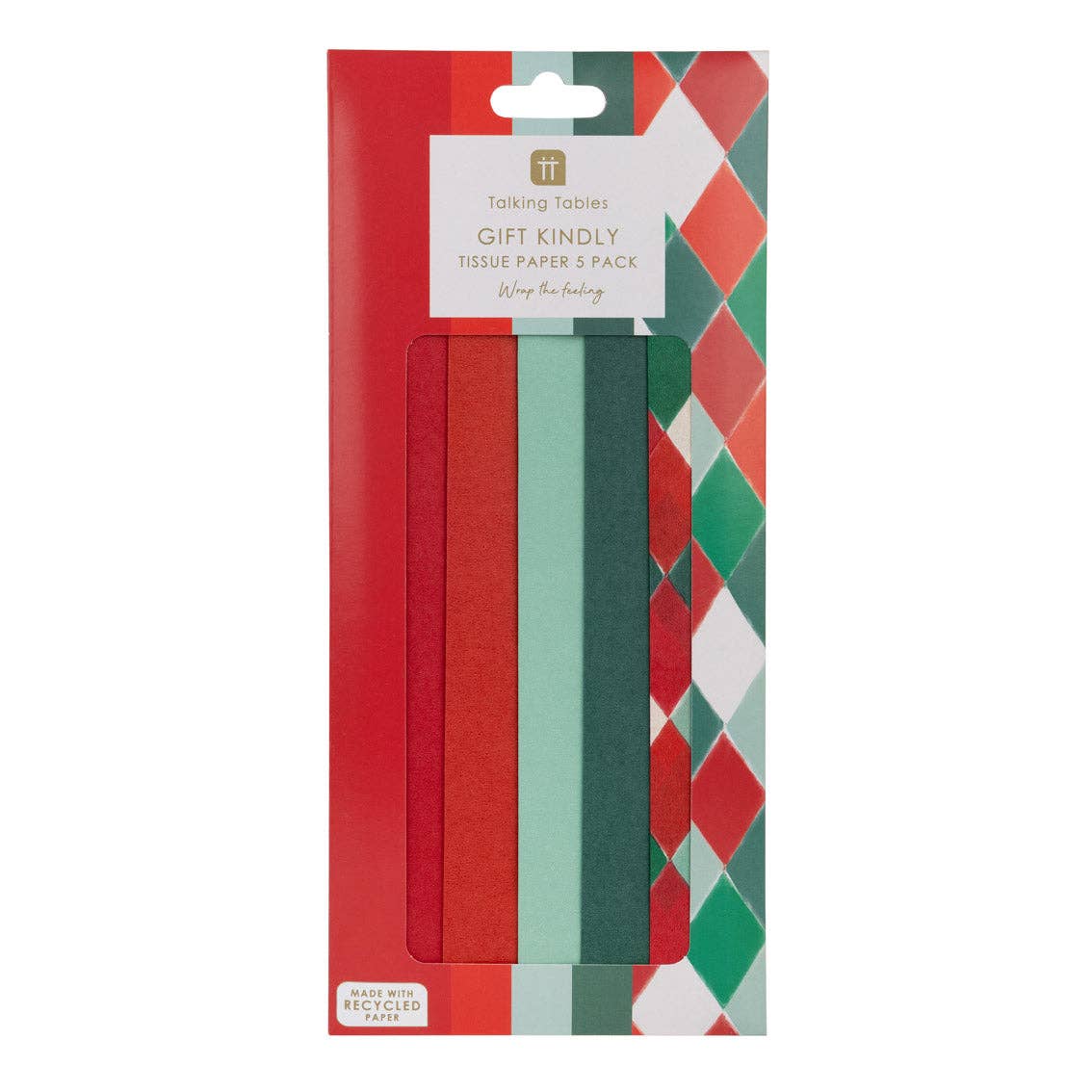 Gift tissue paper pack with red, mint, and gray sheets and diamond harlequin design