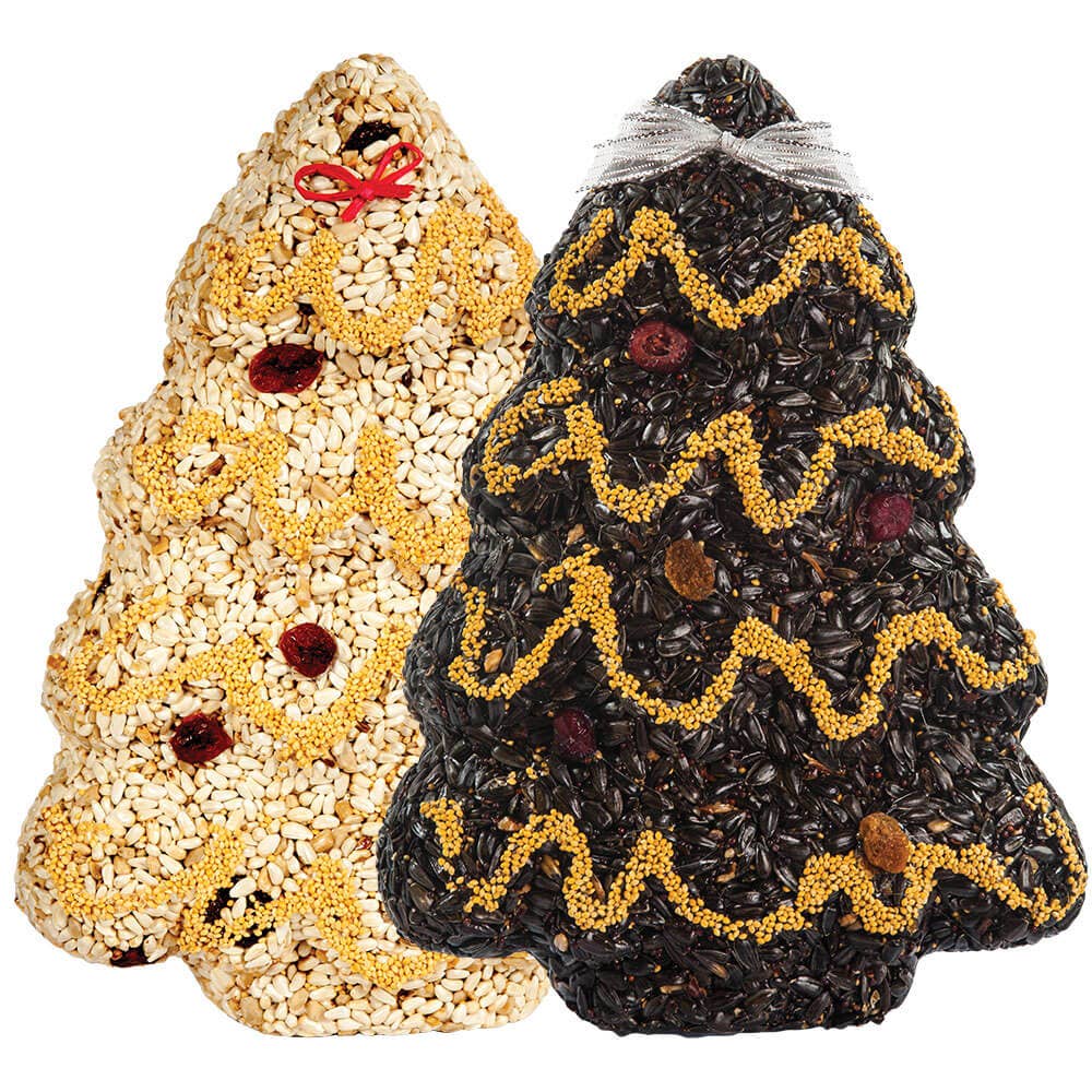 Tree-shaped bird feeder pair with seed-textured surface, light beige and dark