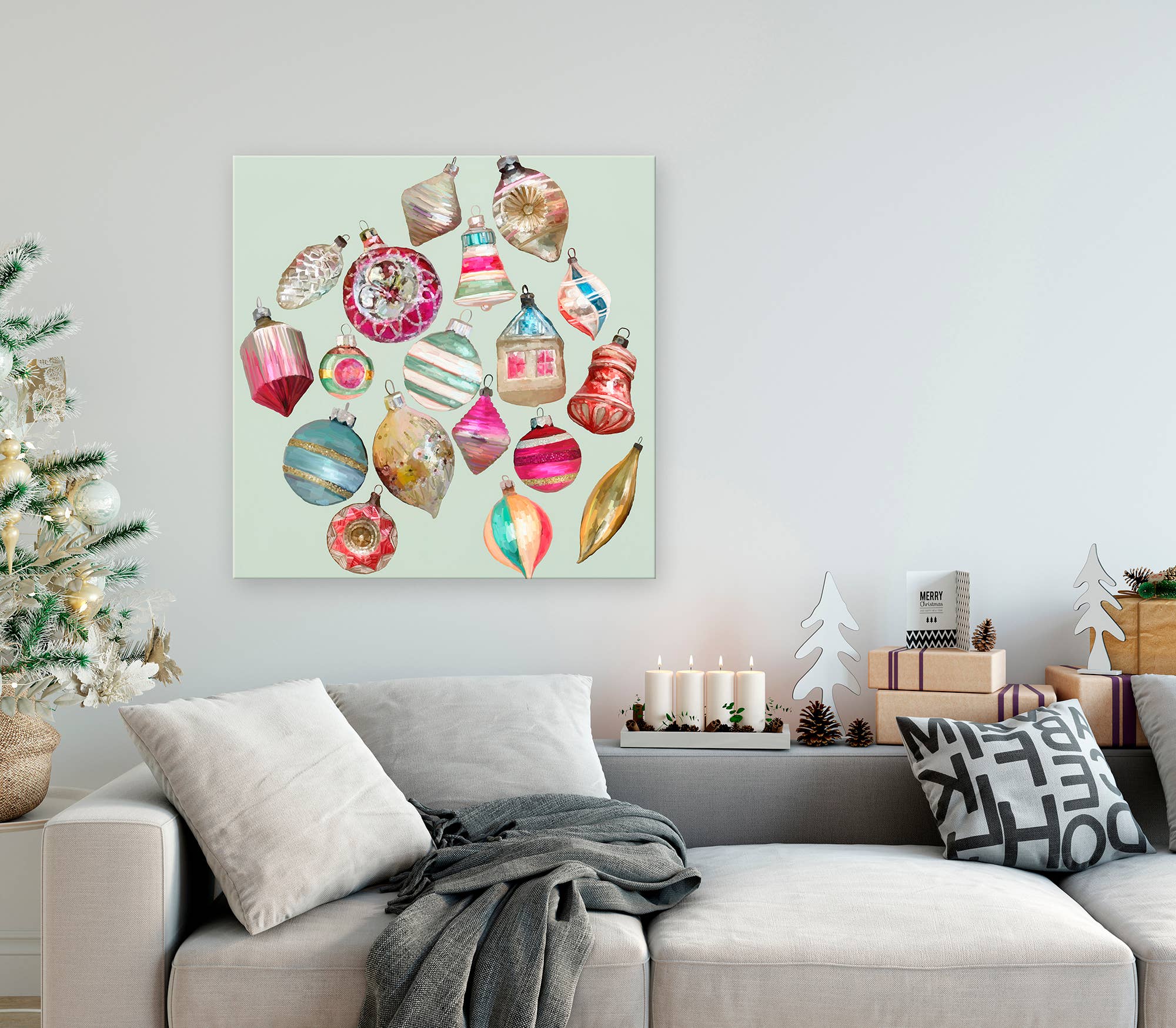 Vintage Ornaments Stretched Canvas - Light Mint