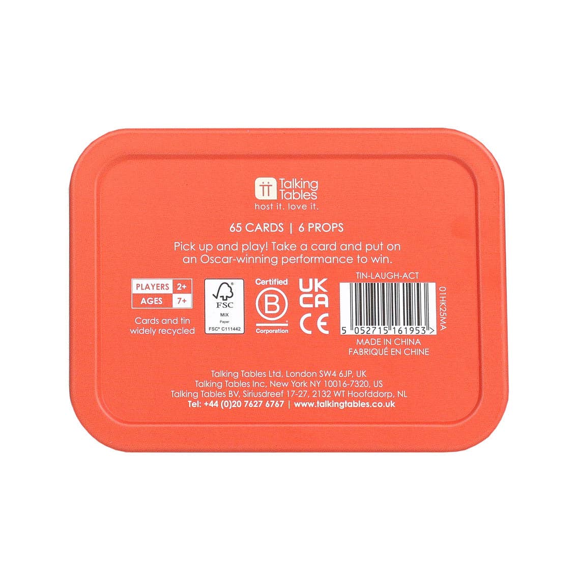 Orange tin back label showing 65 cards and 6 props