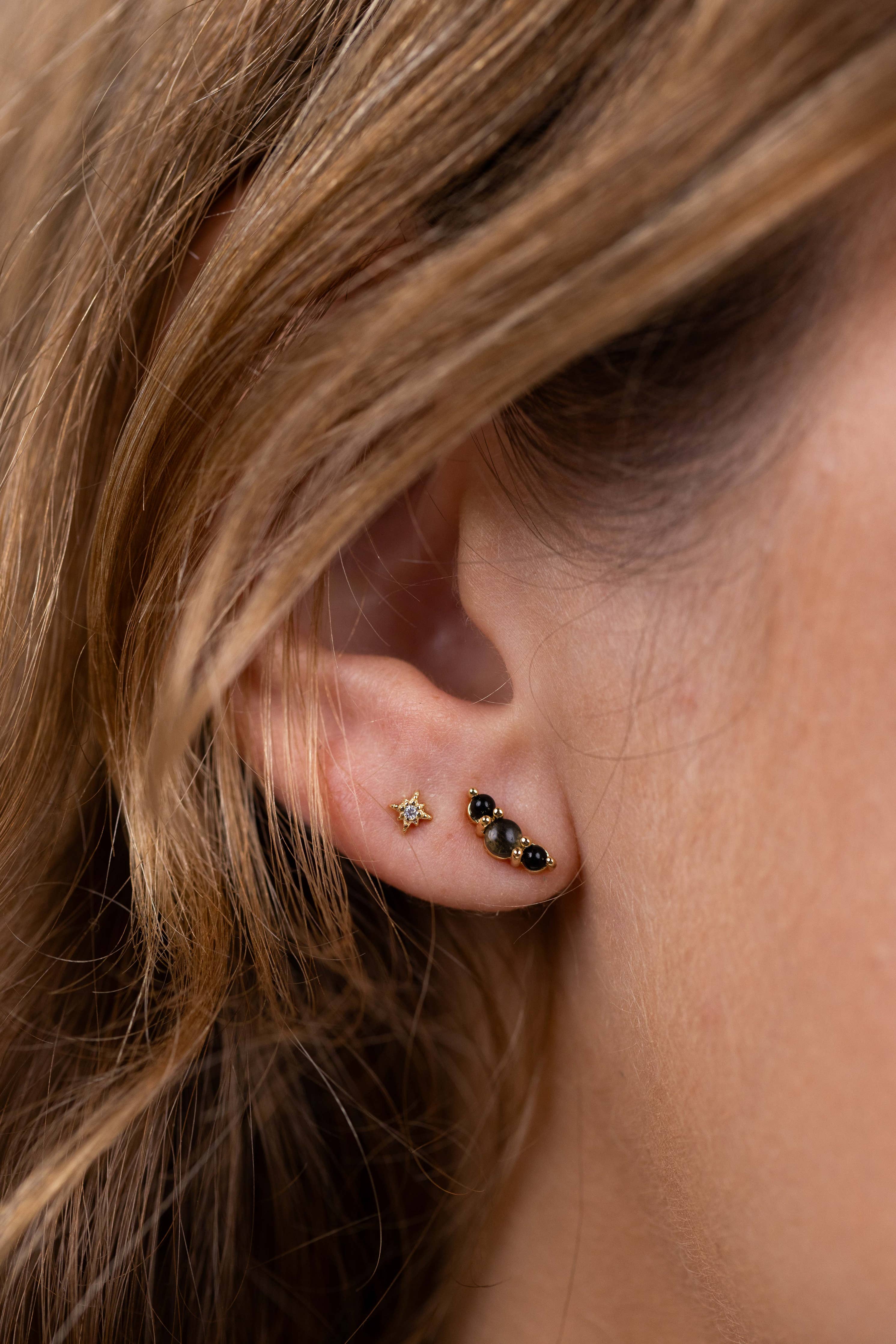 Black Tourmaline Crescent Gold Earrings