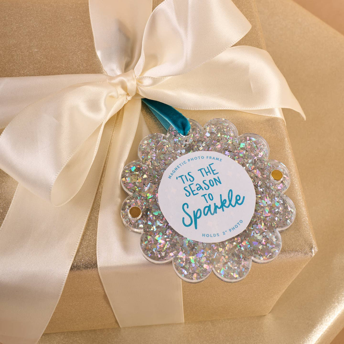 Silver glitter scalloped photo frame ornament with blue hanging ribbon and round photo card