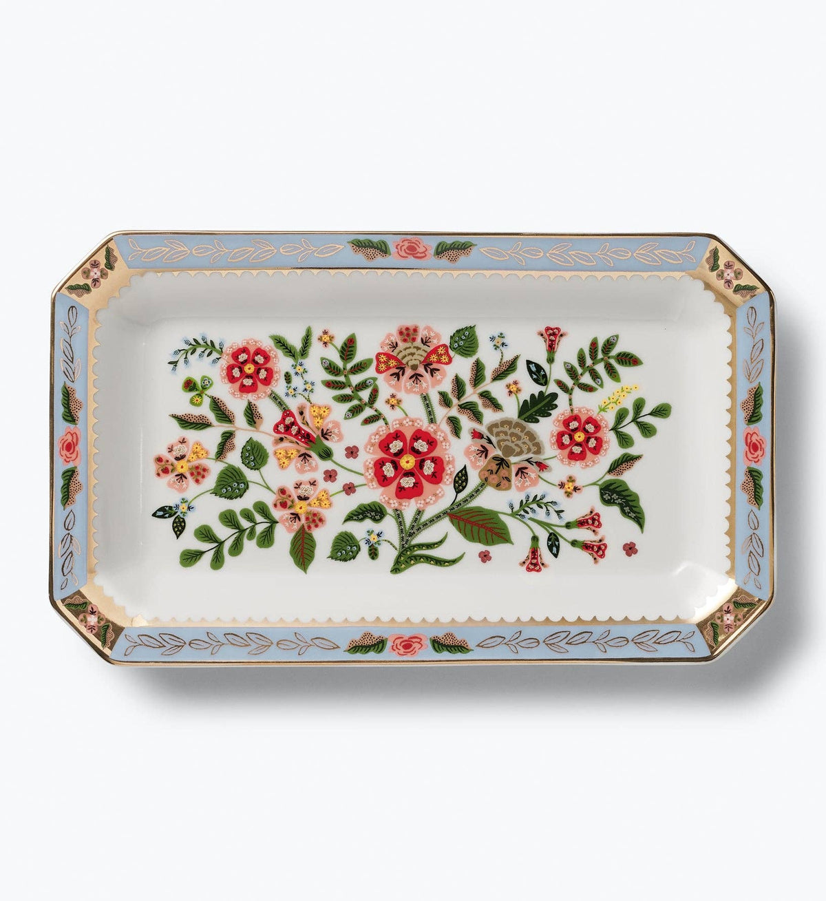 Large porcelain catchall tray with colorful floral motif and blue border, scalloped rim