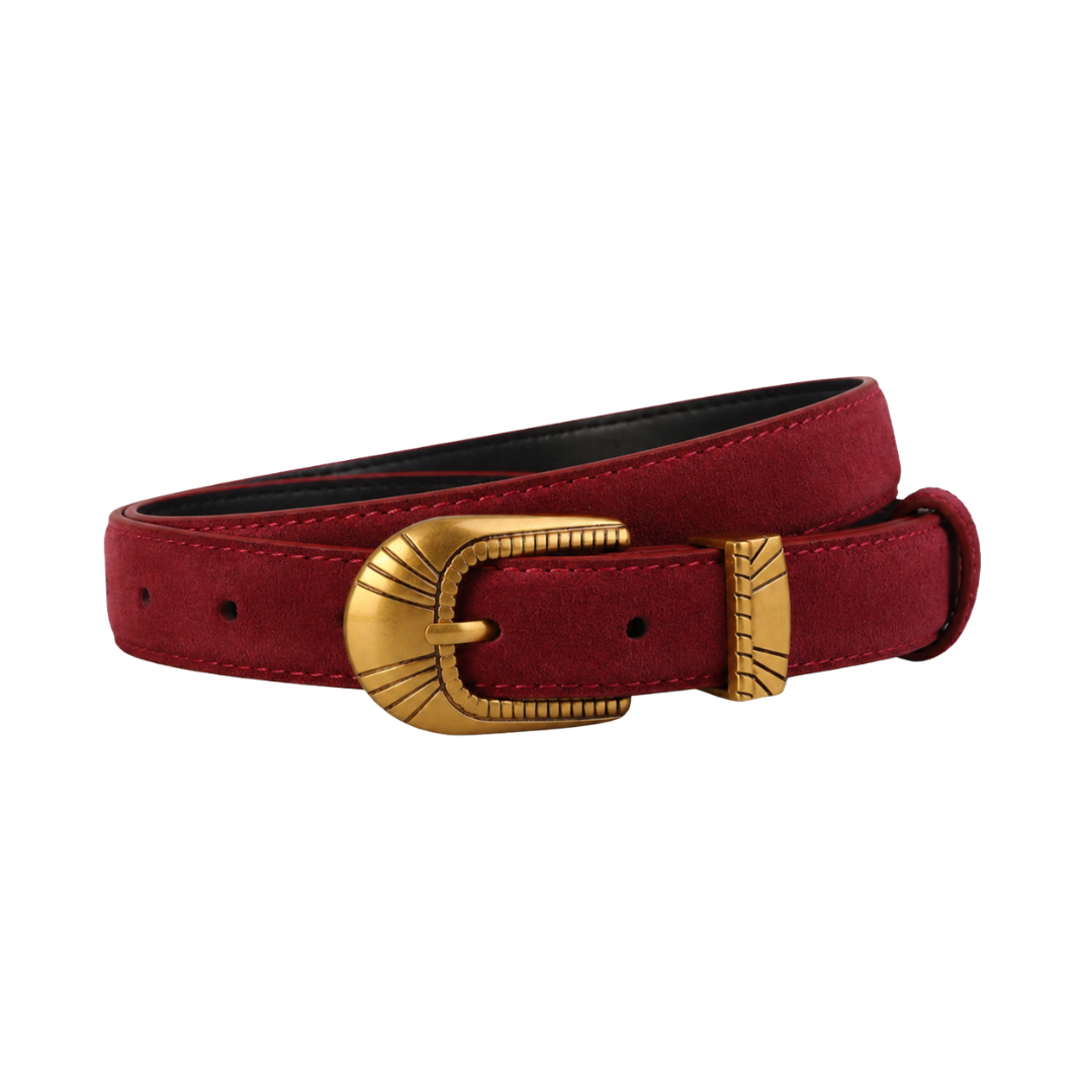 Burgundy belt with gold-tone oval buckle and stitched keeper