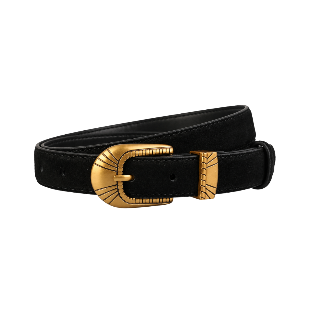 Black belt with gold-tone oval buckle and textured buckle plate