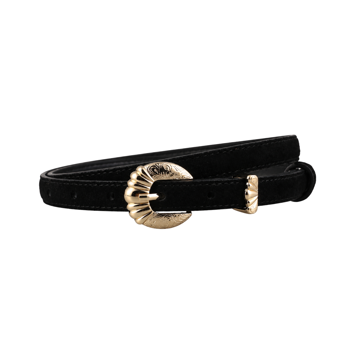 Black suede belt with large gold-toned sunburst buckle and double-prong closure