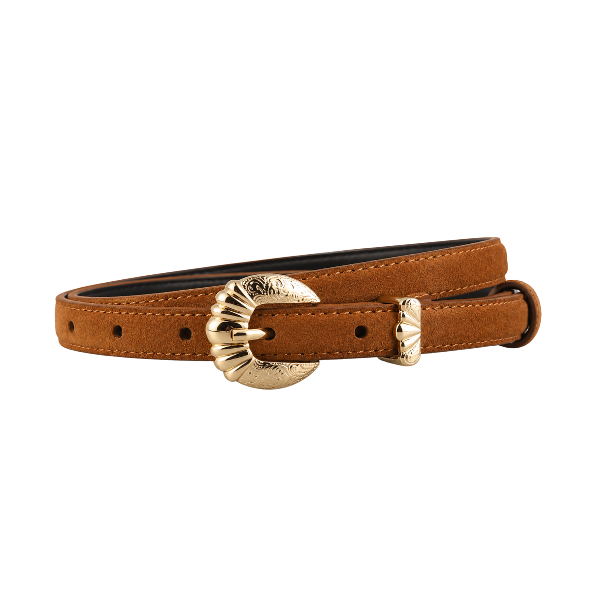 Cognac suede belt with large gold-toned sunburst buckle and double-prong closure