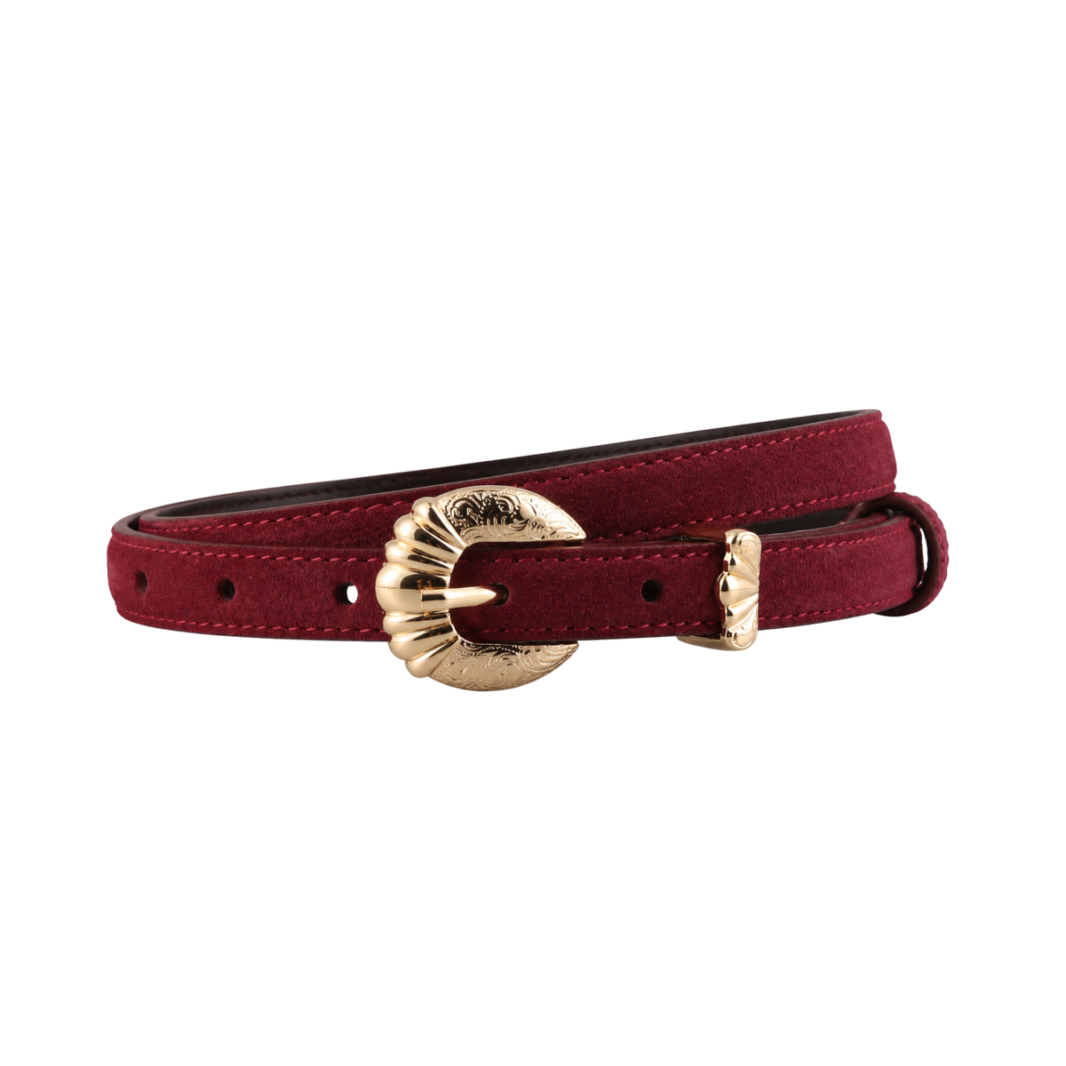 Burgundy suede belt with large gold-toned sunburst buckle and double-prong closure