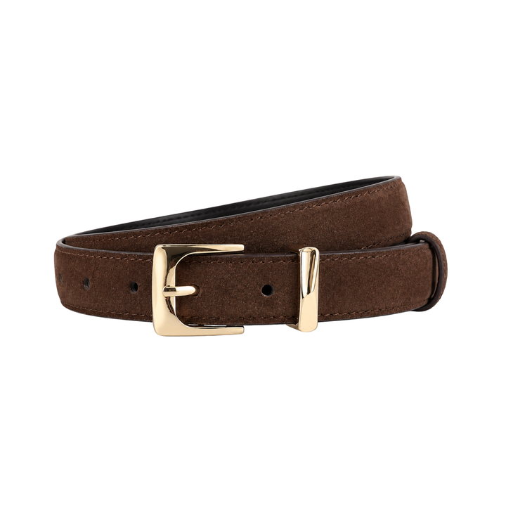 Brown suede belt with gold-tone double-prong rectangular buckle and keeper tabs.