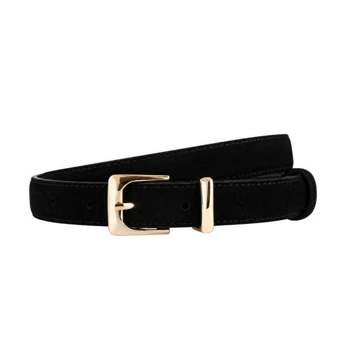 Black suede belt with gold-tone double-prong rectangular buckle and keeper tabs.