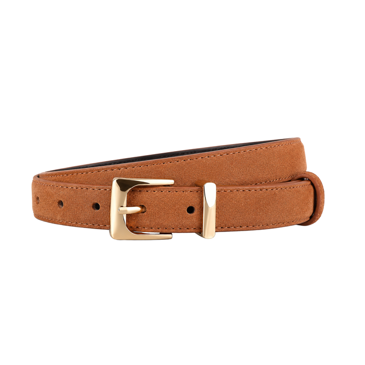 Tan suede belt with gold-tone double-prong rectangular buckle and keeper tabs.