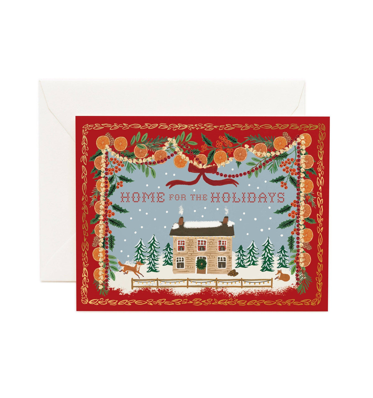 Holiday greeting card with red border, wreath, and house scene; "Home for the Holidays"