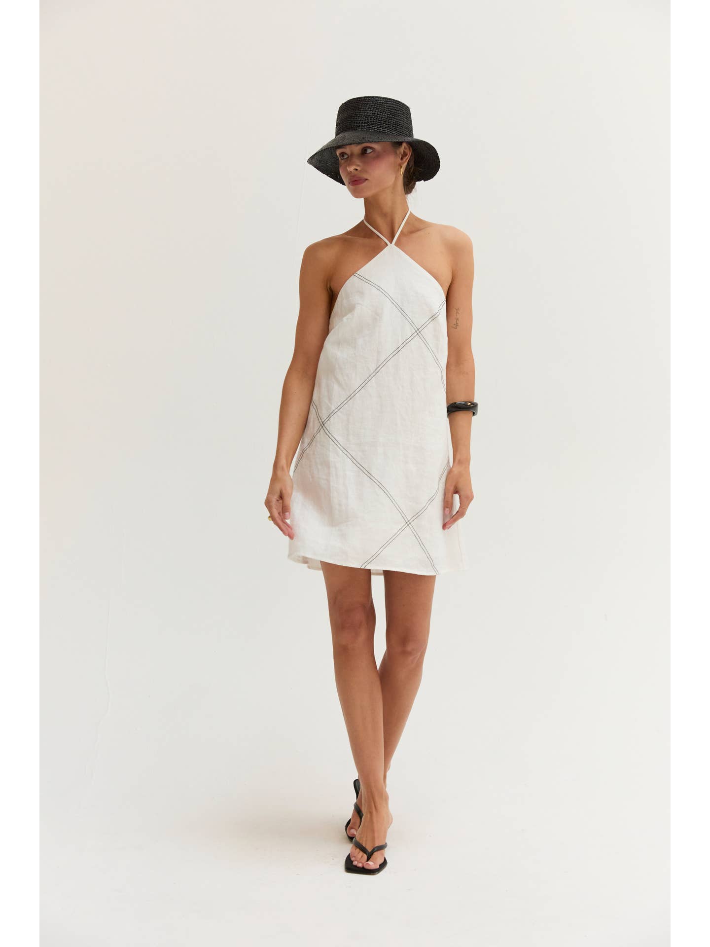 Lena Linen Contrast Stitch Halter Mini Dress