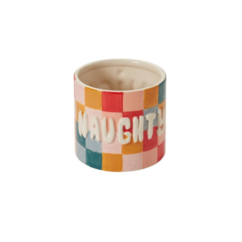 Ceramic planter cup with 'Naughty' lettering, no visible plant