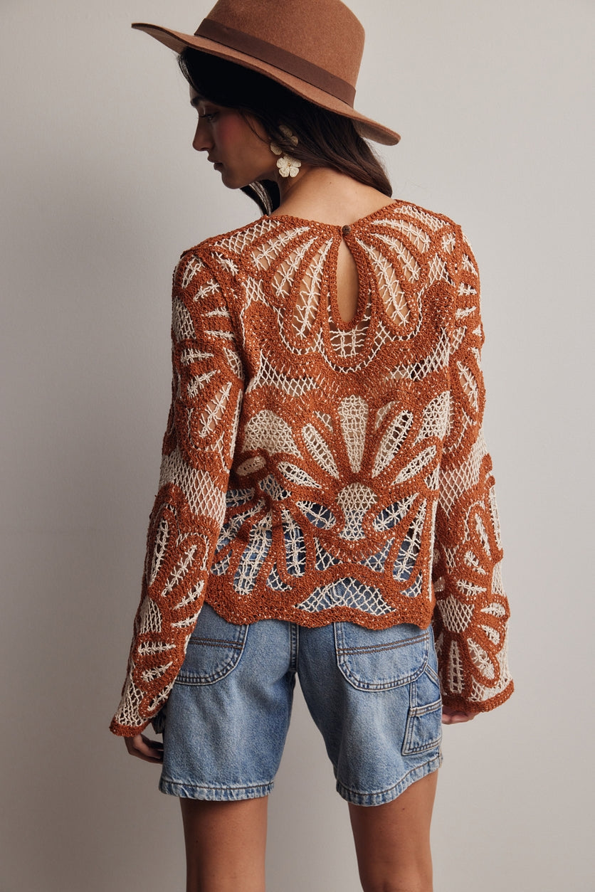 Pumpkin Spice Crochet Floral Sweater