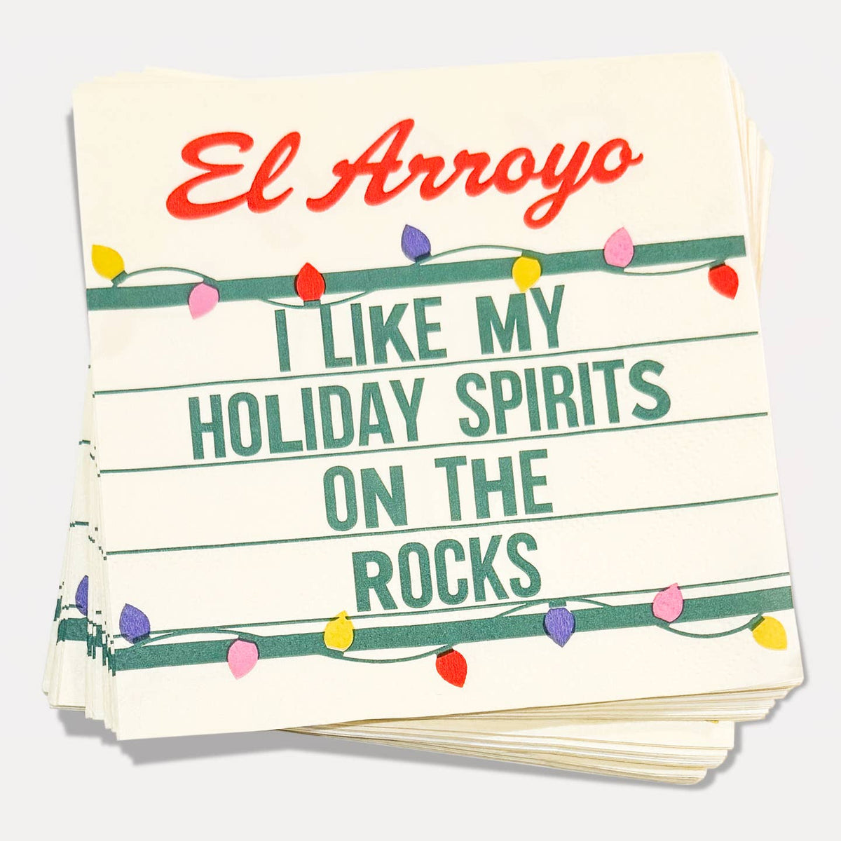 Paper cocktail napkins, white with colorful lights and “Holiday Spirits” text