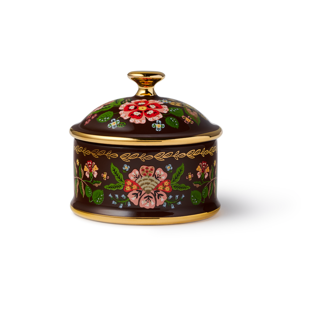 Round porcelain storage box with gold trim and colorful floral lid