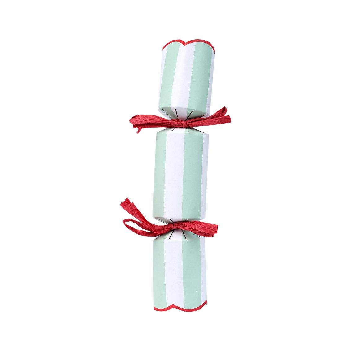 Single mini Christmas cracker with green and white stripes and red ribbon, capped ends