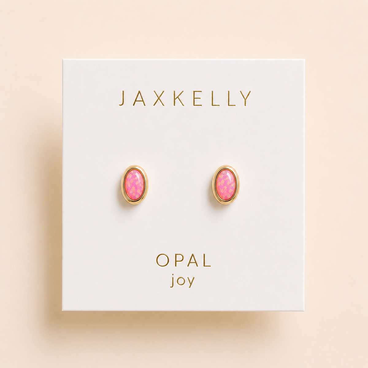 Oval bezel pink opal stud earrings, gold-tone with oval pink gemstone