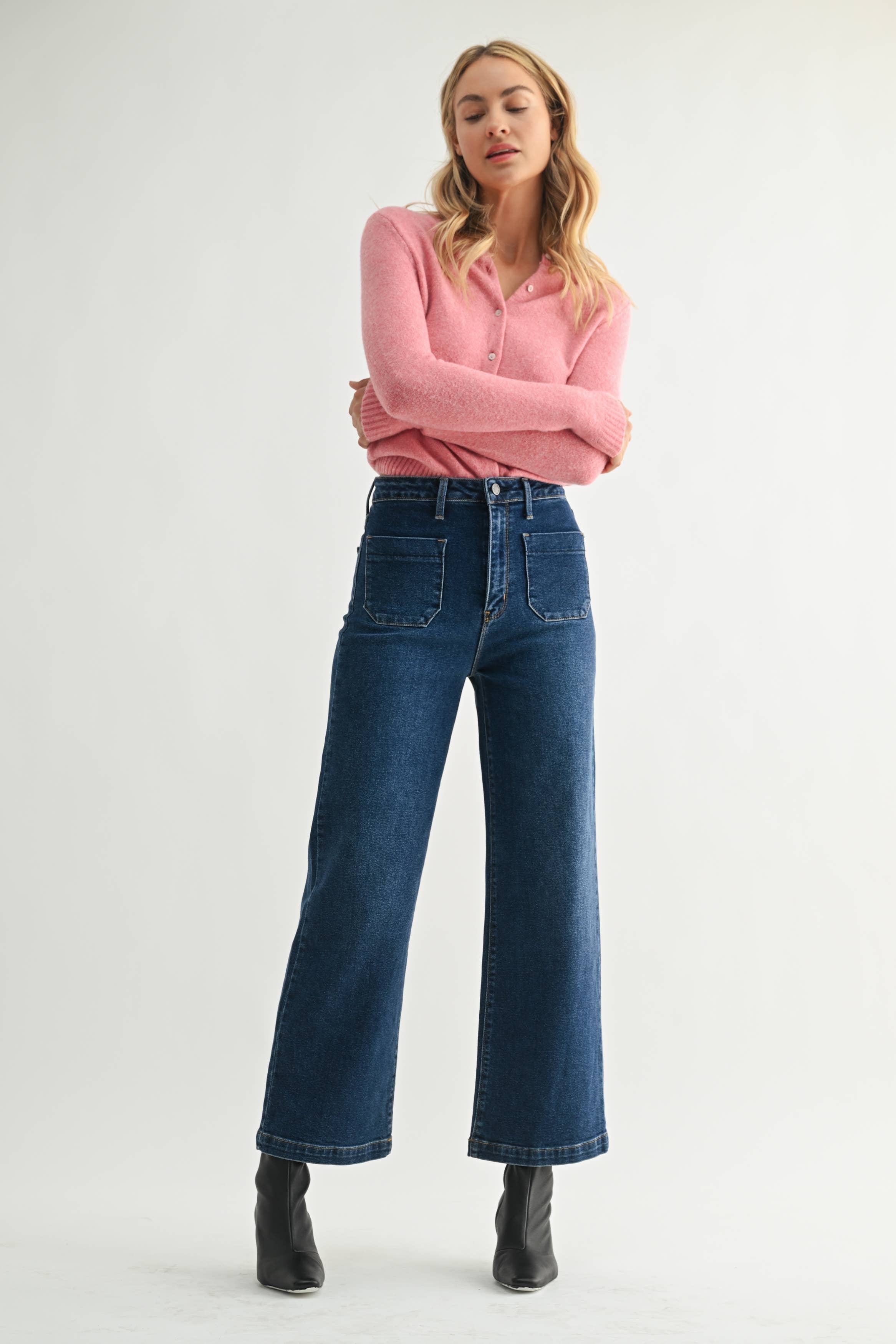 Patch Pocket Wide Leg Denim - Dark