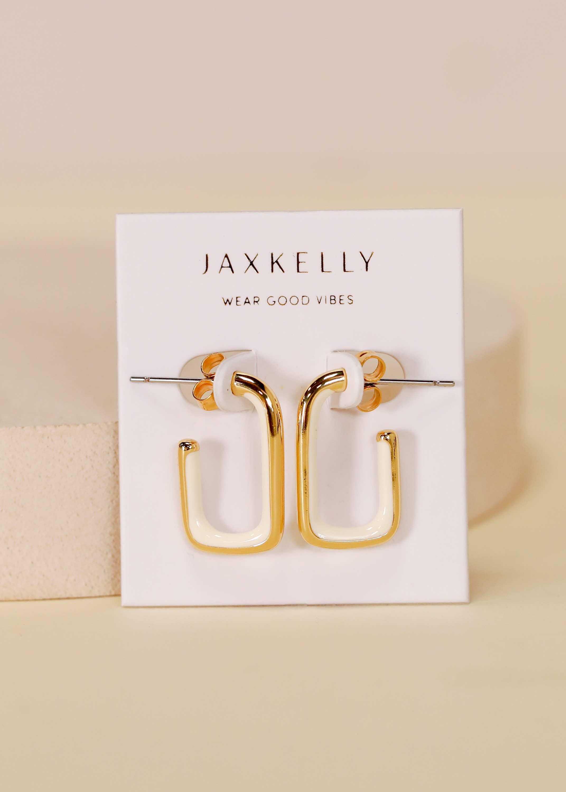 Cream Large Rectangle Gold Hoop Earrings
