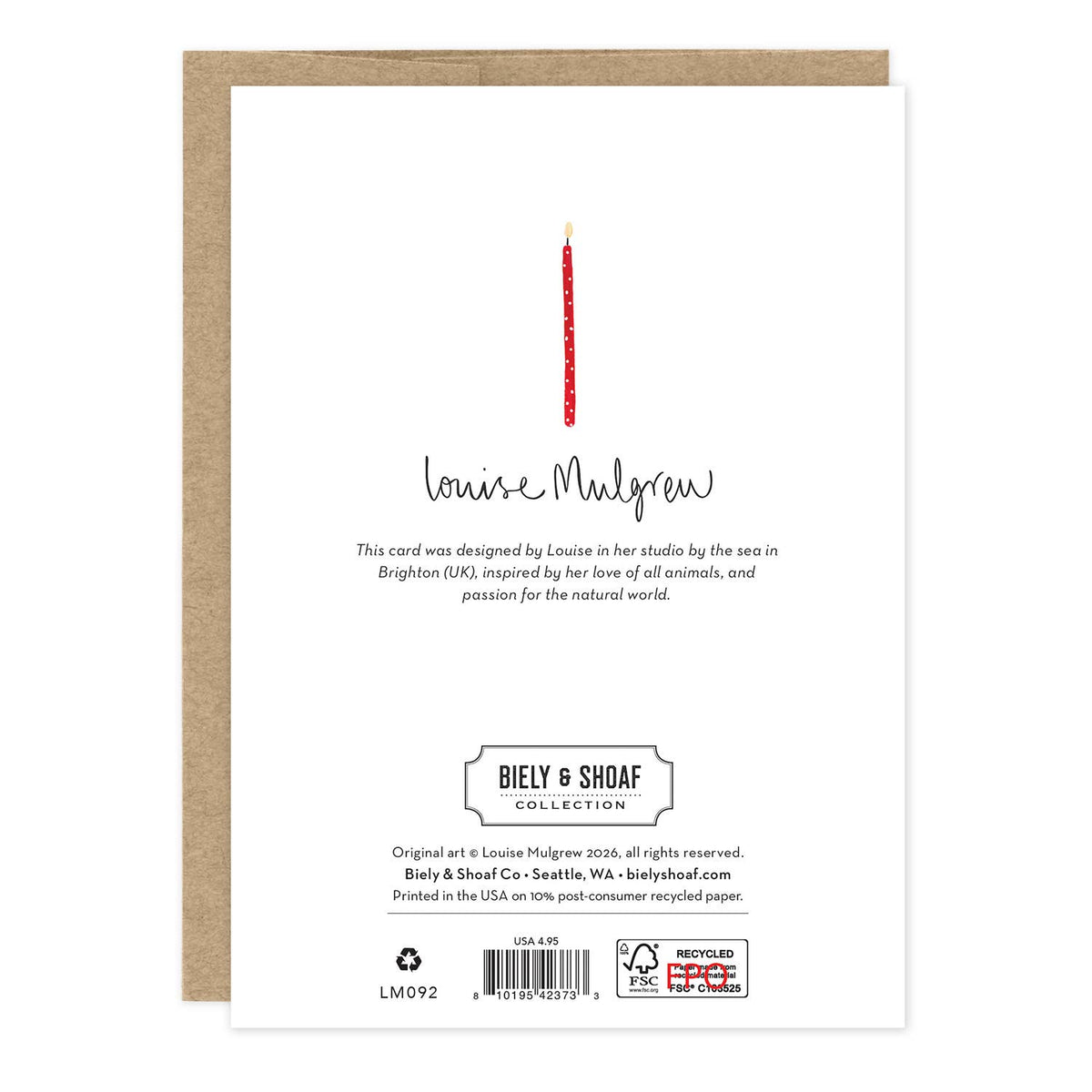 Birthday candle card with single red candle, name, and printed brand details