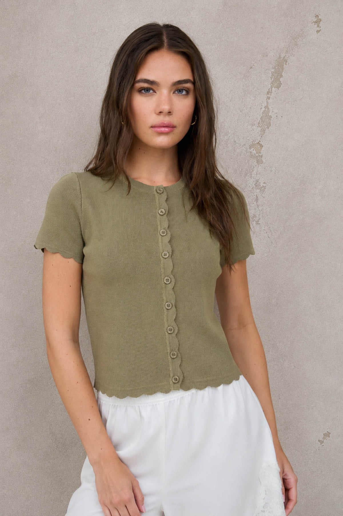 Olive button-front cardigan top with short sleeves and scalloped hem