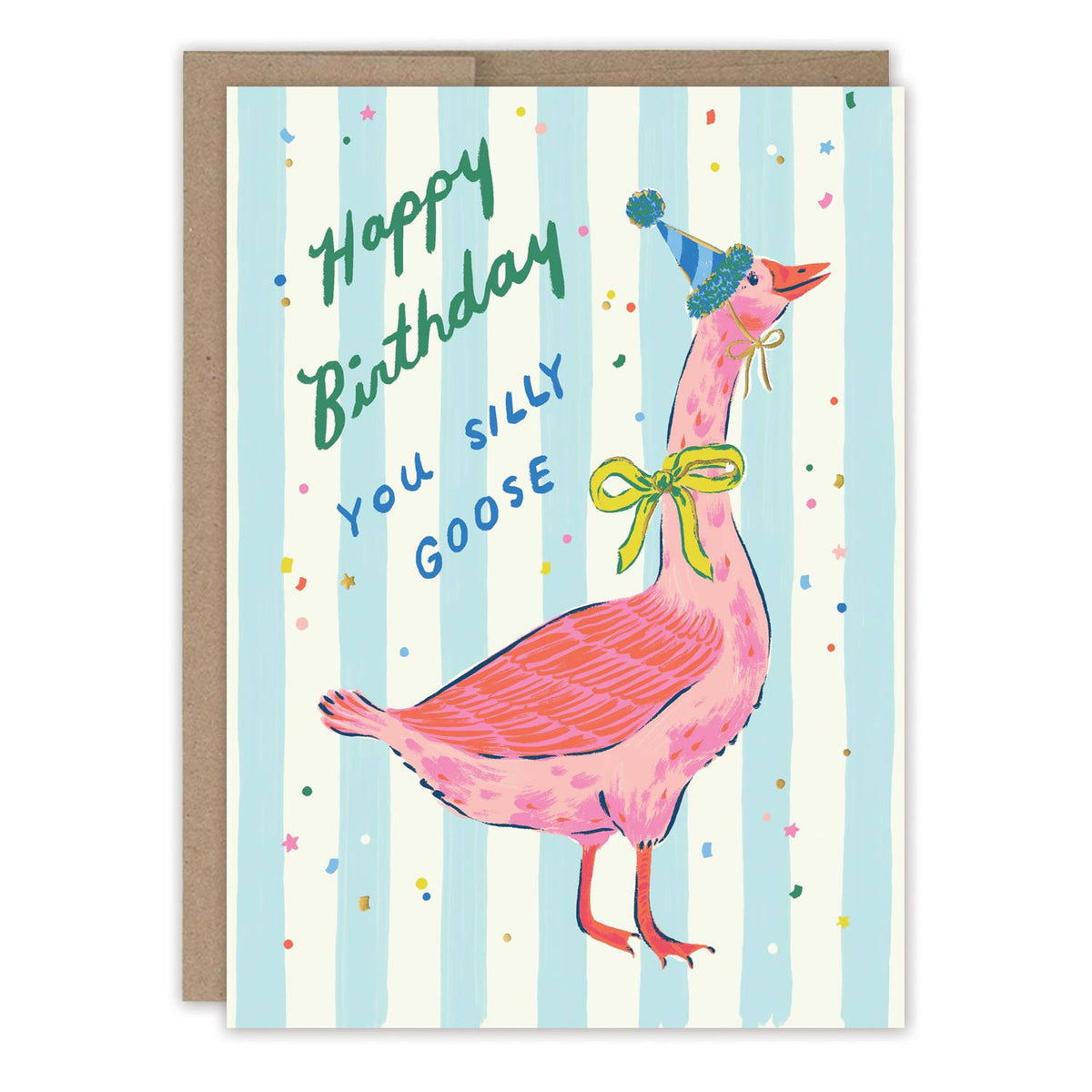 Birthday card with pastel stripes, “Happy Birthday” text, and pink bird illustration
