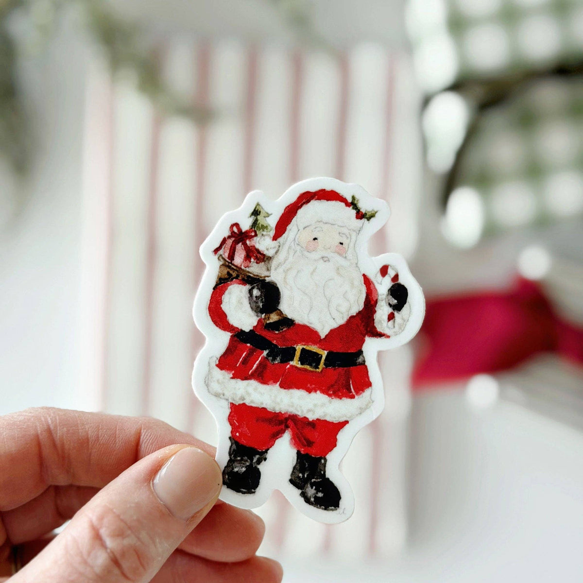 Santa Claus sticker with red suit, white beard, black boots and belt