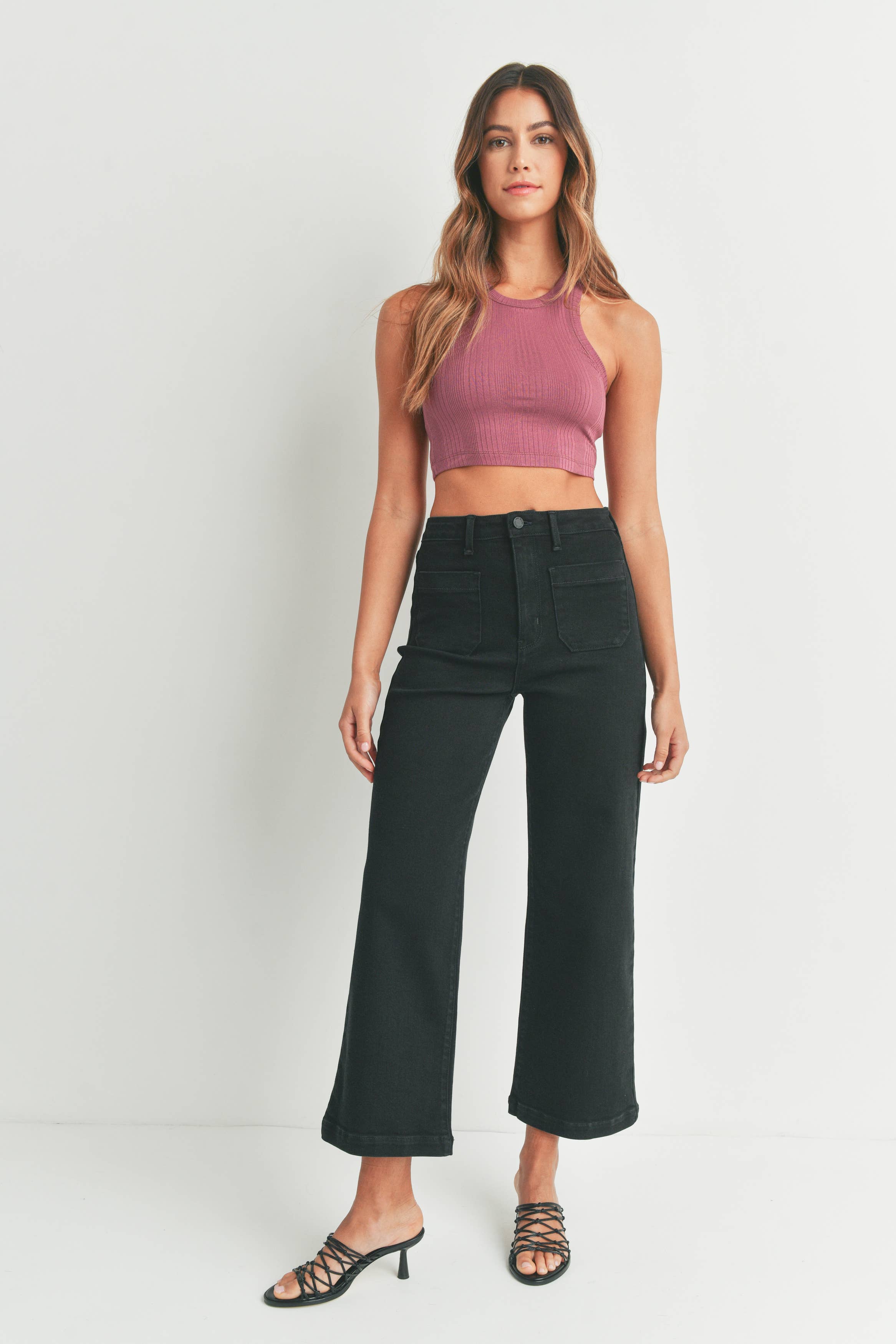 Patch Pocket Wide Leg Denim - Black
