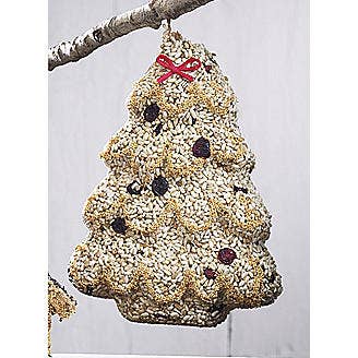 Light tree-shaped bird feeder ornament with seed texture and berry accents