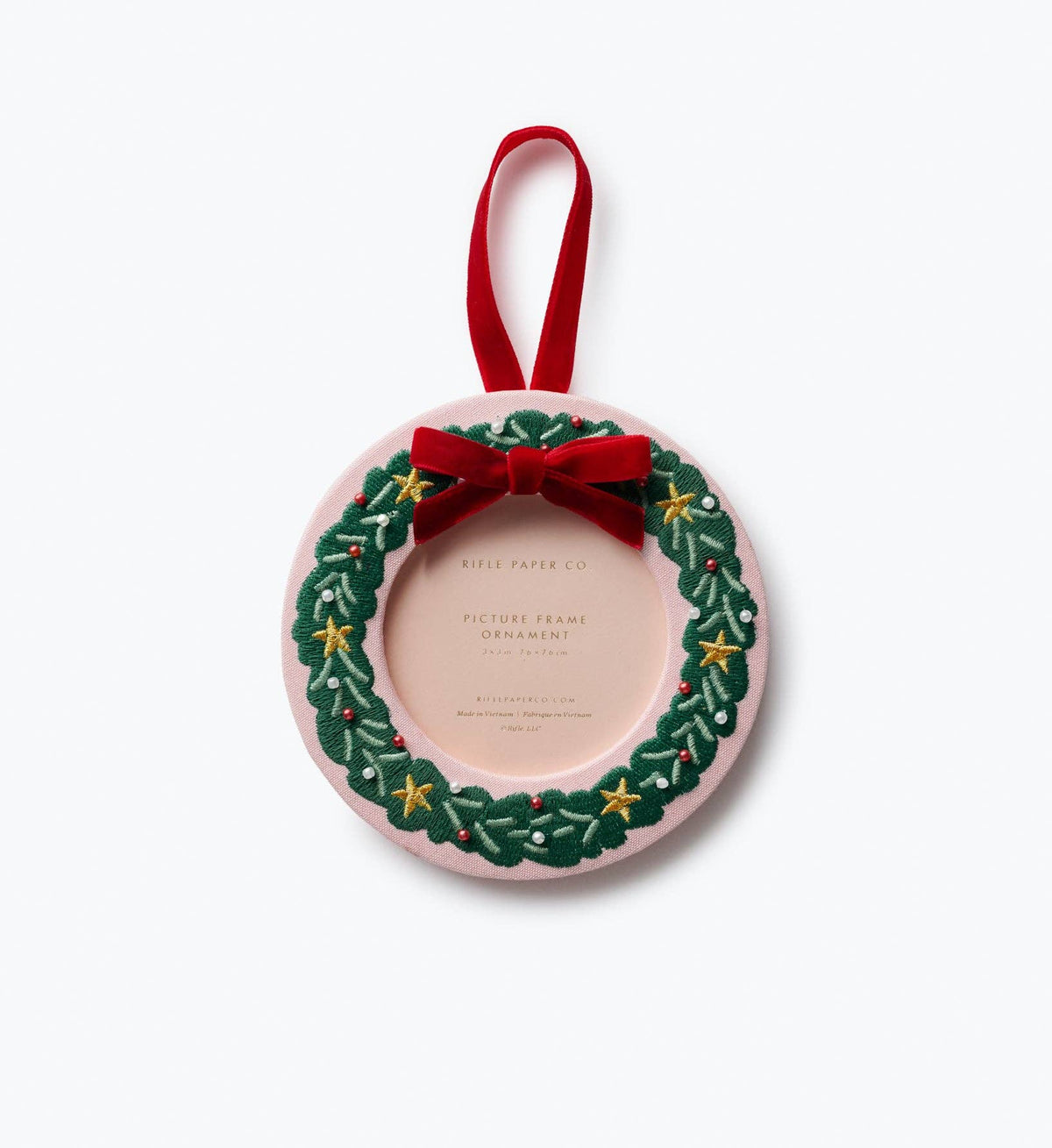 Round Christmas wreath embroidered frame ornament with red hanging ribbon and bow