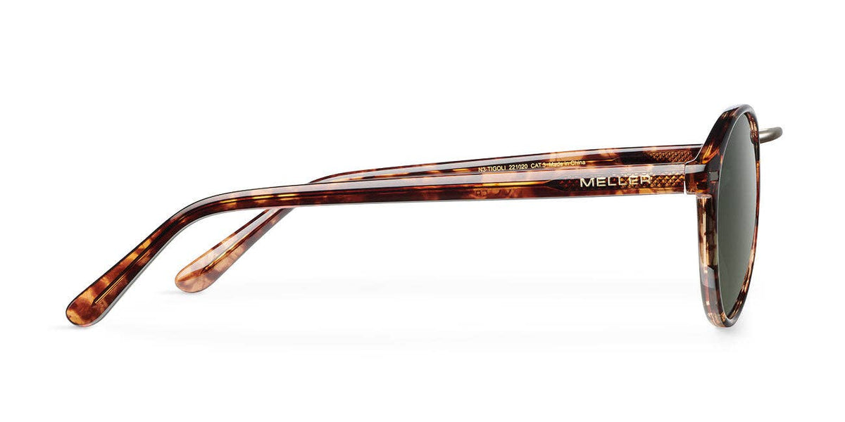 Tortoiseshell sunglasses side profile with dark lens and branded temple
