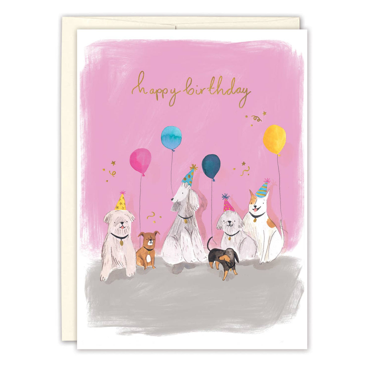 Birthday card front: pink watercolor, puppies in party hats, balloons, 'Happy birthday'