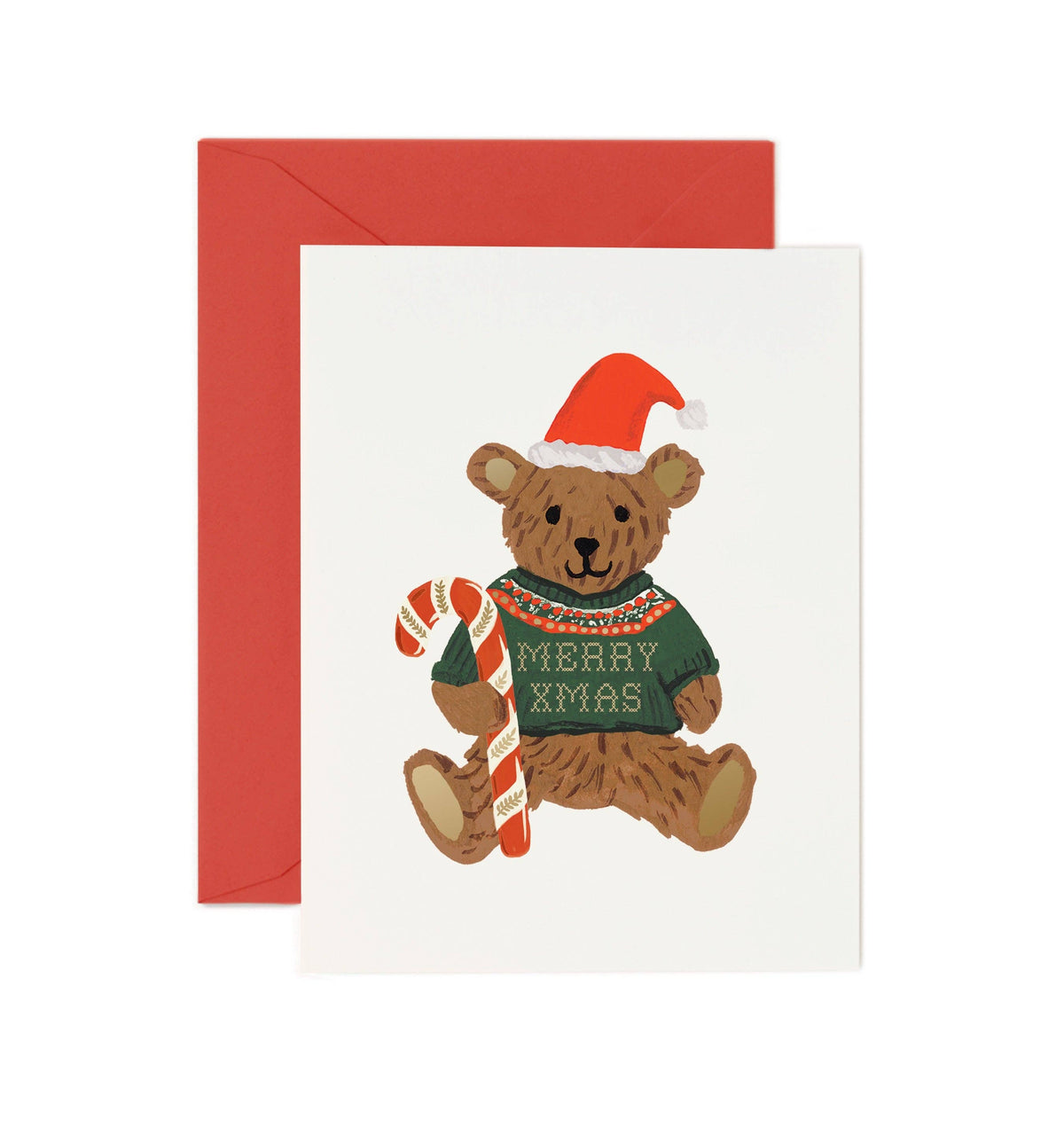 Christmas card with smiling teddy bear in Santa hat, holding candy cane, Merry Xmas