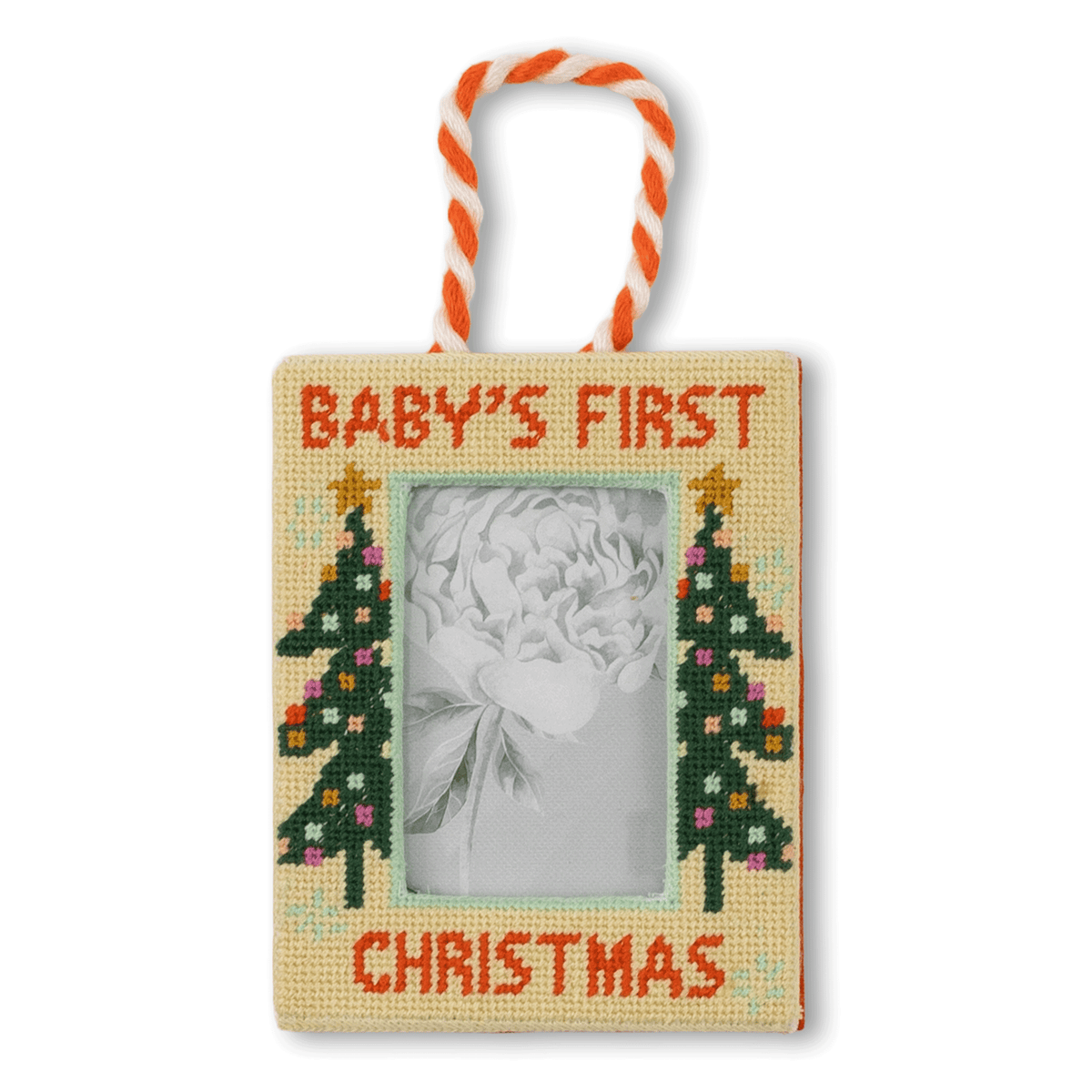 Embroidered baby's first Christmas frame ornament with hanging string and clear photo window