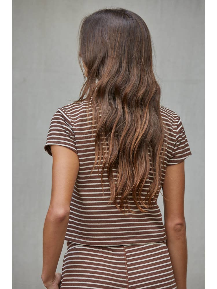 Dark brown and cream striped short-sleeve lounge top, back view