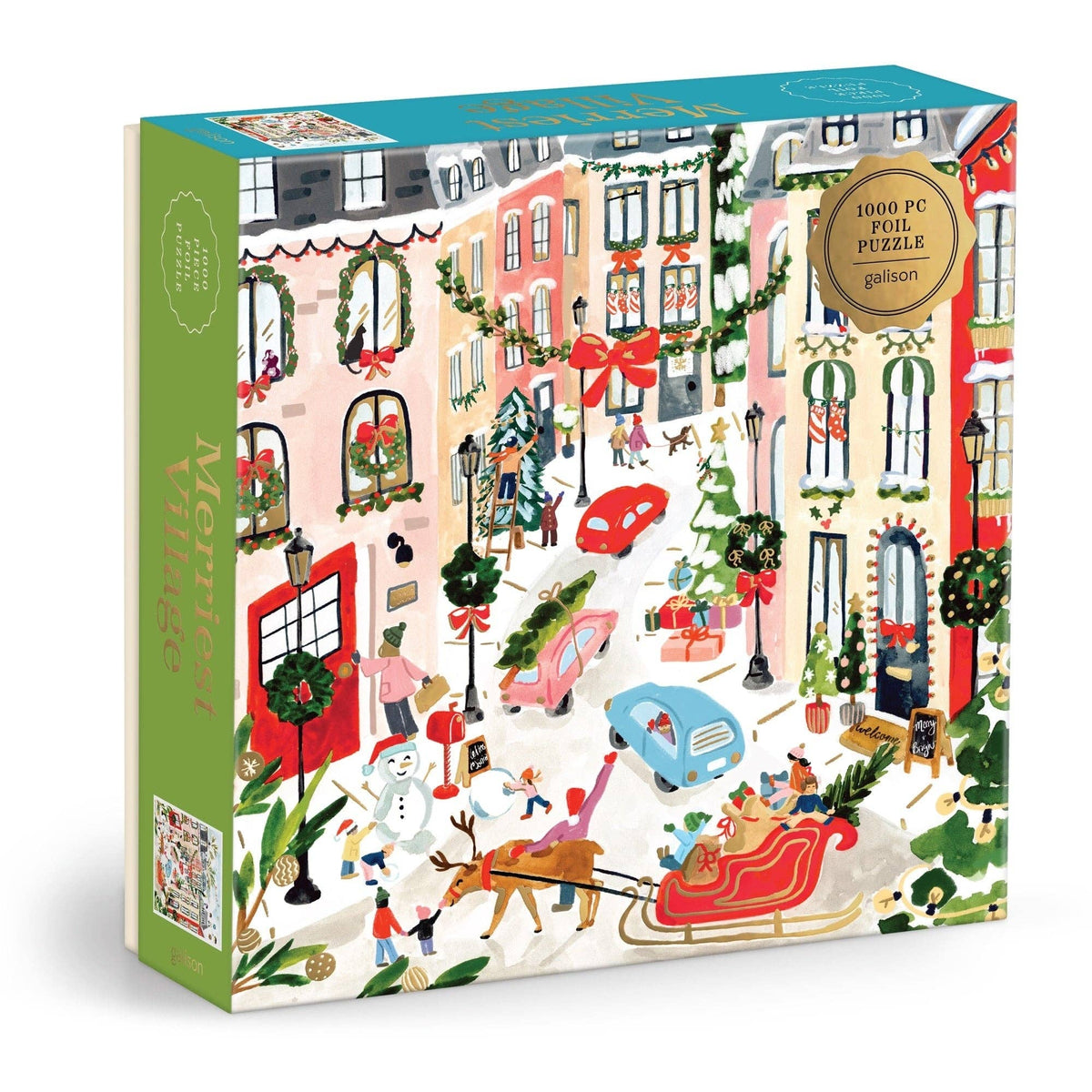 Foil jigsaw puzzle box with colorful winter village illustration, red cars and decorated doors
